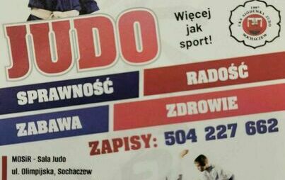 Plakat informujacy o zapisach dzieci w wieku 6-18 lat na zajęcia judo.